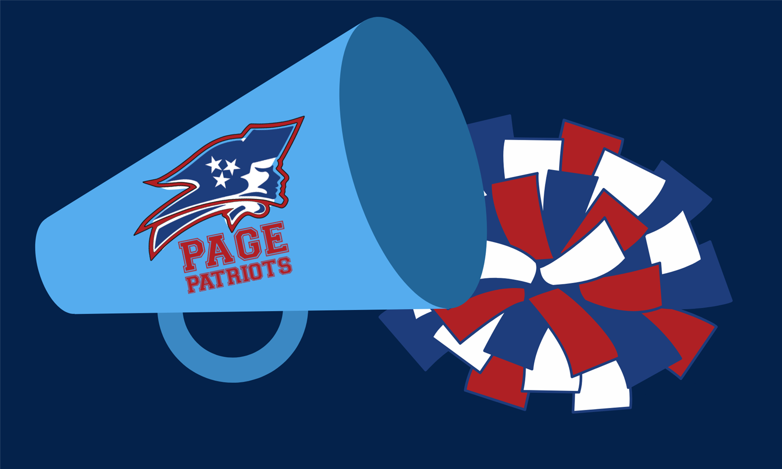 Cheer megaphone with a blue, red and white pom pom